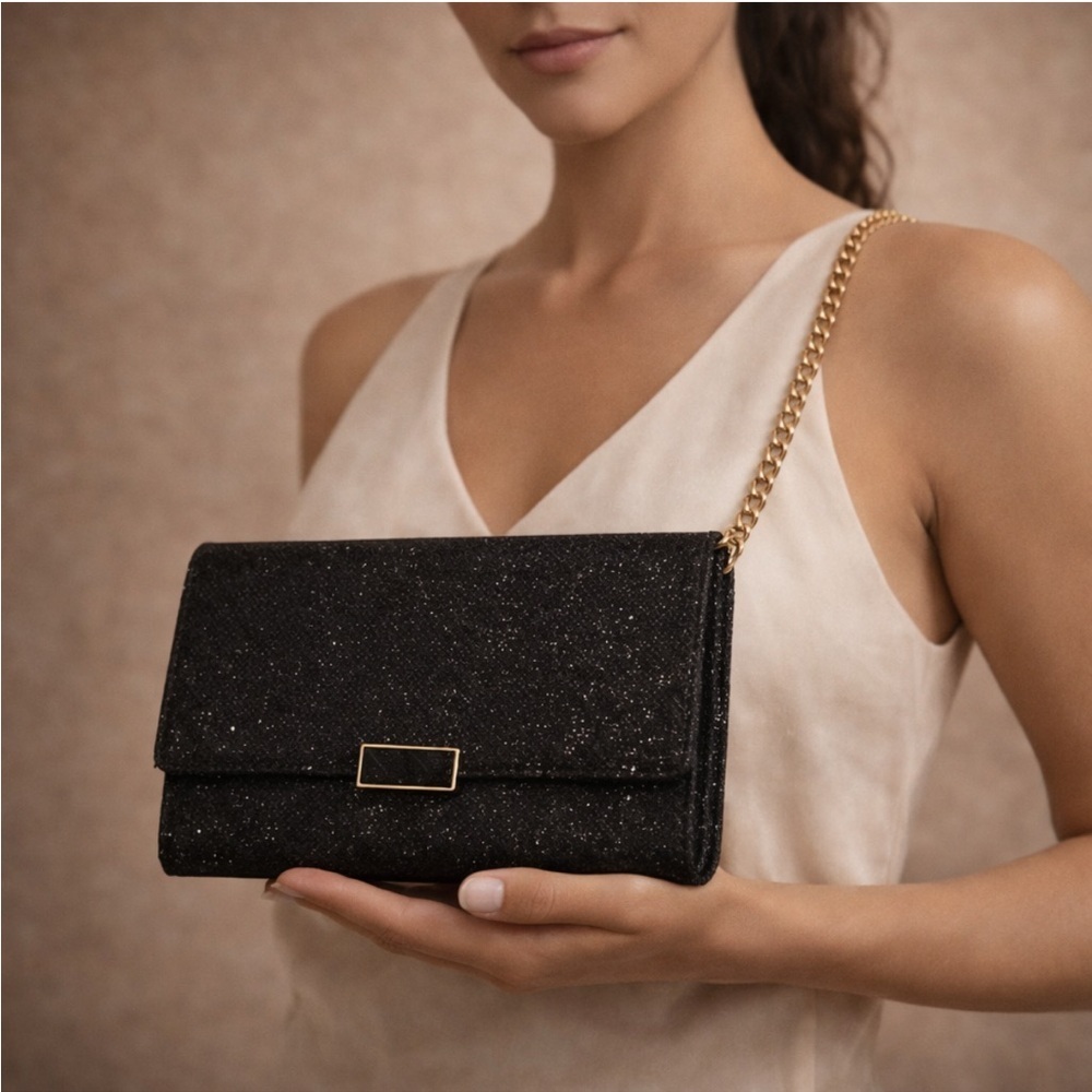 STARLET Black Glitter Chain Strap Clutch Evening Bag Magnetic Closure NWT